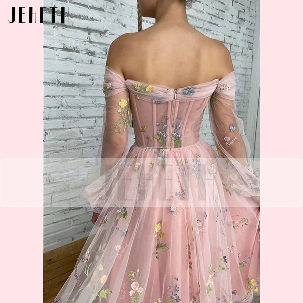 JEHETH Elegant Flower Pink Prom Dress Charming A line Pageant Sweetheart Illusion Long Sleeve Off Shoulder Evening Gowns Wome